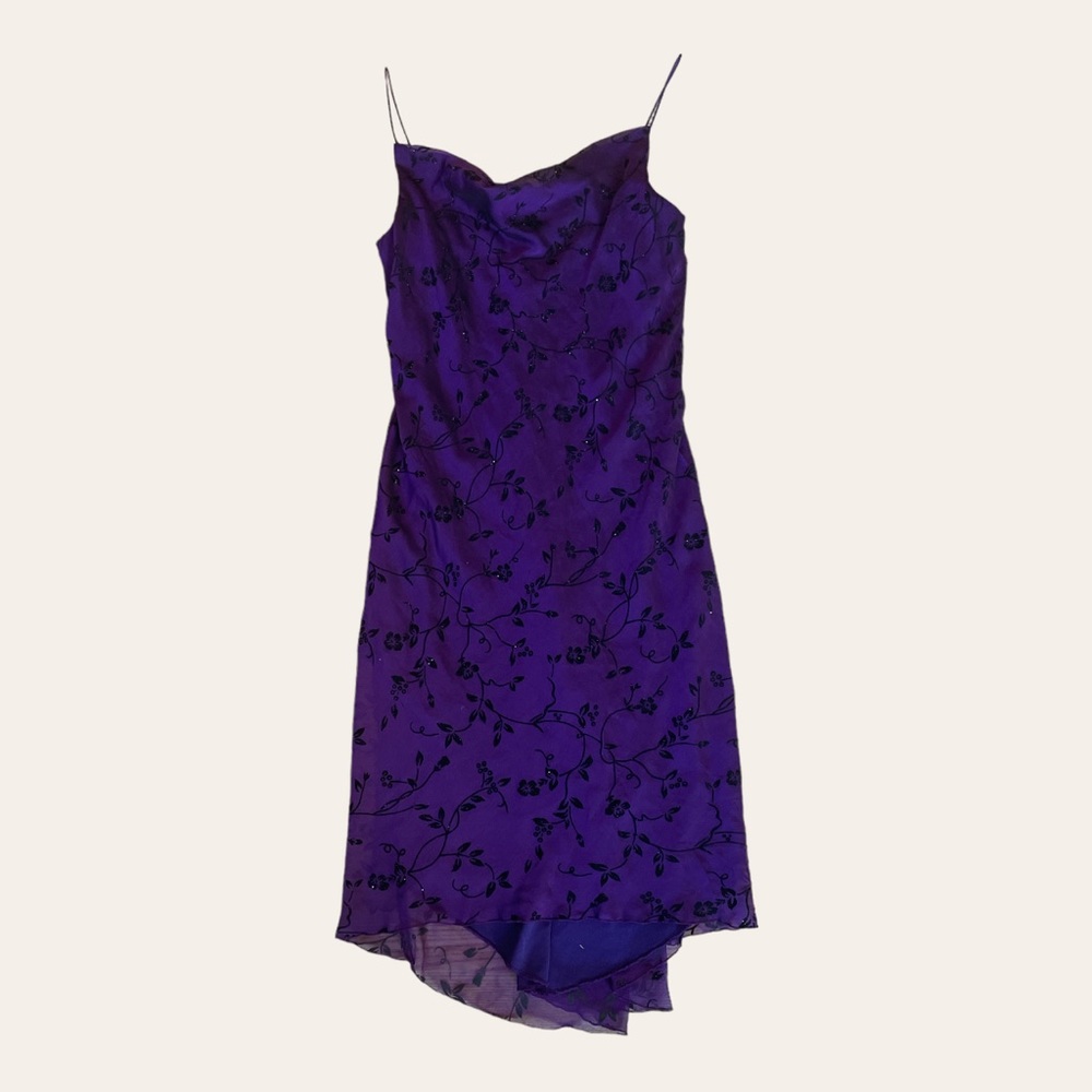 Y2k midi dress dark purple with black floral print spaghetti straps
